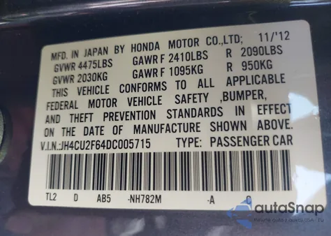 2013 Acura Tsx 2.4 from USA, damaged, VIN JH4CU2F64DC005715
